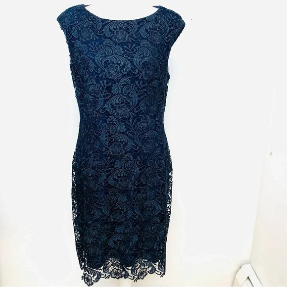 Lauren Ralph Lauren Evening Dress 12  Blue Crochet‎ Floral Formal Business Event - Picture 1 of 11